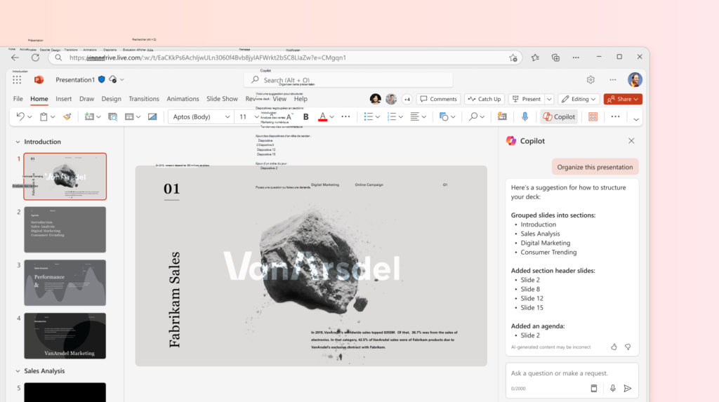 Organiser sa présentation PPTX avec Copilot